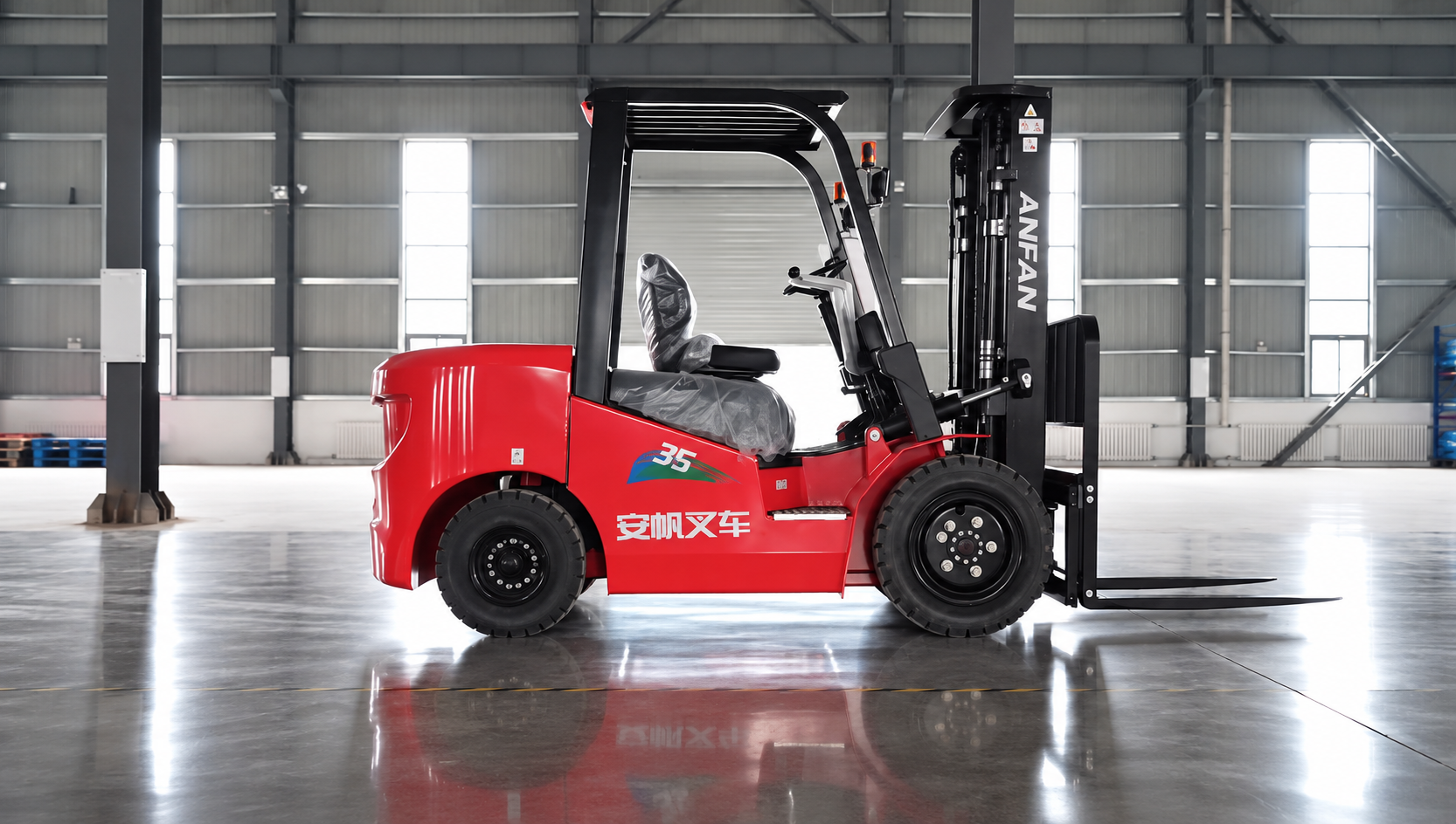 ANFAN electric counterbalance forklift photographed inside a factory